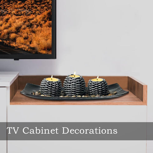 3 Coffee Table Decor, Pieces Candle Holders with Tray and Rocks, Centerpiece Table Decorations for Living Room, Dining