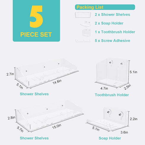 Adhesive Shower Caddy, 5 Pack Acrylic Shower Shelves Bath Organizers, No Drilling Shelves for Bathroom Storage & Decor