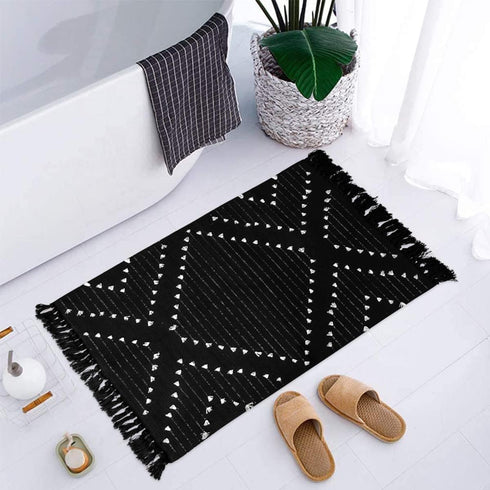 LIVEBOX Boho Bathroom Rug, 2' x 3' Washable Black Moroccan Throw Rug, Cotton Woven Area Rug with Tassel