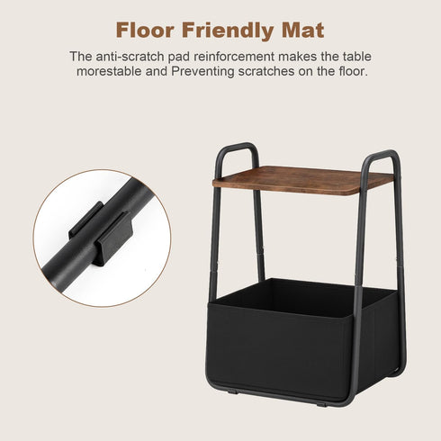 Rustic Brown Metal Frame Nightstand - Small Side Table with Fabric Storage Basket and Handle - Ideal for Bedroom