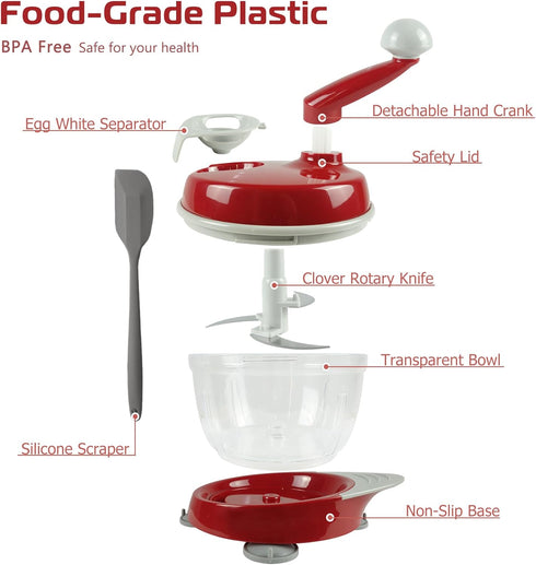 Manual Food Processor, Hand Powered Crank Chopper, Vegetable, Meat, Fruits, Onions Blender Mixer