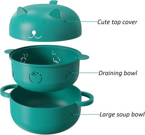 2000ML/68OZ Microwave Ramen Bowl Noodle Bowl, Steamer for Cooking Food and Vegetables with Handle, Lid, Removable Strainer. Multifunctional bowl for Cooking, Rinse, Storage.(green)