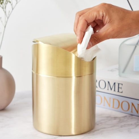 Countertop Stainless Steel Trash Can with Swing Lid, Mini Trash Bin Bathroom, Golden Desktop Garbage Cans Tiny Kitchen