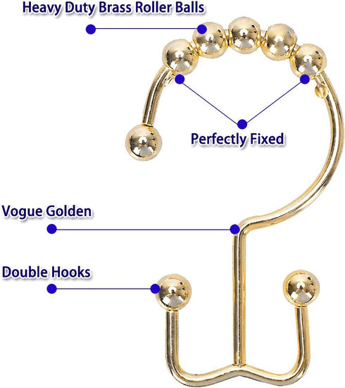 Shower Curtain Hooks Rings for Bathroom, 12PCS Stainless Steel Metal Rust Resistant Double Curtain Hooks (Gold)