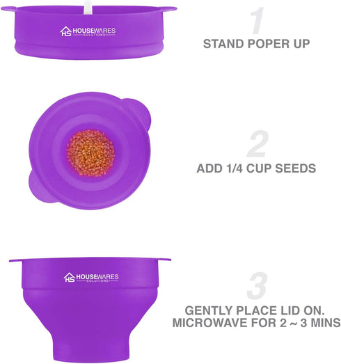 Collapsible Silicone Popcorn Popper Bowl with Lid and Handles, Microwave Safe (Purple)