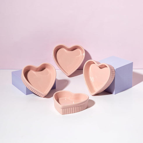 Paris Hilton Heart Shaped Ramekin Set, Mini Ceramic Baking Dishes, 4-Piece Oven Safe, Pink