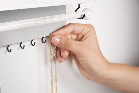 Rustic White Necklace Jewelry Organizer - Wall Mount Jewelry Holder for Necklace, Earrings, and Rings