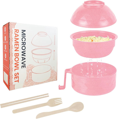Microwave Ramen Cooker, Ramen Bowl with Chopsticks and Spoon for Office College Dorm Room, Dishwasher-Safe, Pink