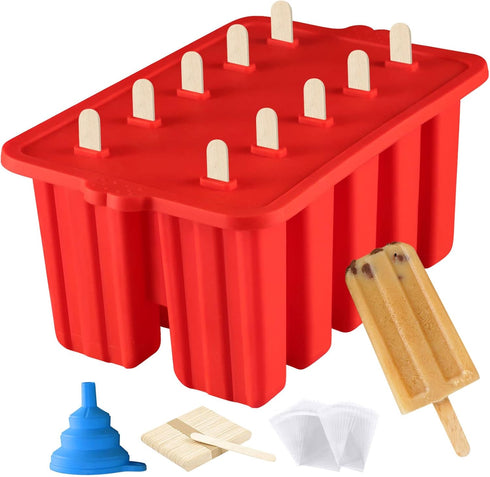Silicone Popsicle Molds, 10 Cavity BPA-Free Red Cone Shaped Food Preparation Molds with Sticks and Funnel