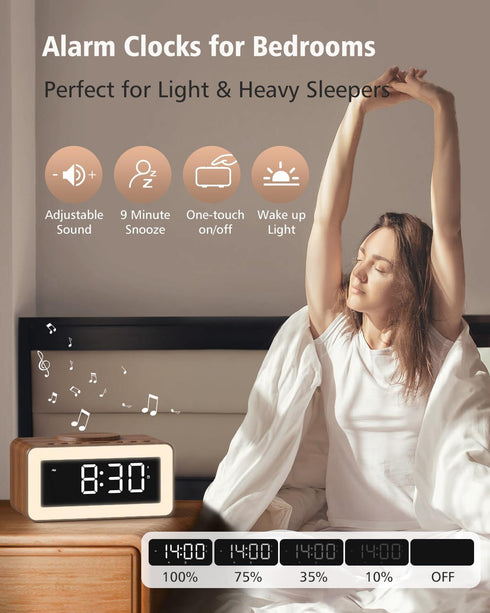 Digital Alarm Clocks for Bedrooms, Bluetooth Speaker, Alarm Clock with Wireless Charging, White/Brown Noise Sound
