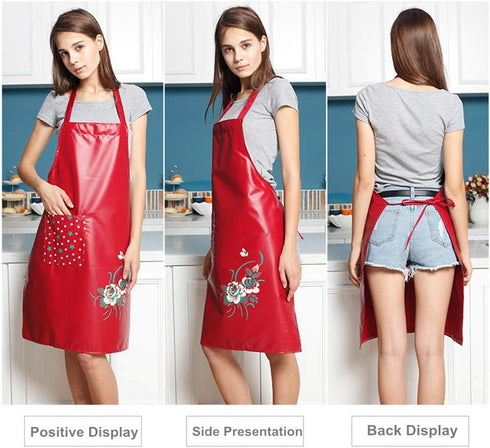 PU Kitchen Oil and Waterproof Aprons for Women, Pocket for Cooking and Washing