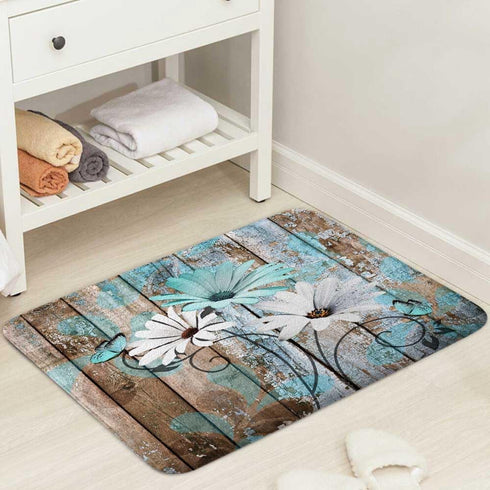 Farmhouse Floral Flower Bath Mat, Teal Daisy Rustic Wooden Plank Non-Slip Soft Doormat for Indoor Outdoor