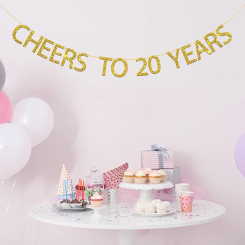 Gold Glitter Cheers to 20 Years Banner - 20th Birthday / Wedding Anniversary Decorations