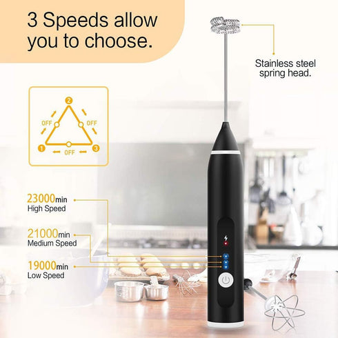 Electric Milk Frother - Automatic Egg Beater Mixer with 3 Speed Adjustable Blender and USB Charging, Black