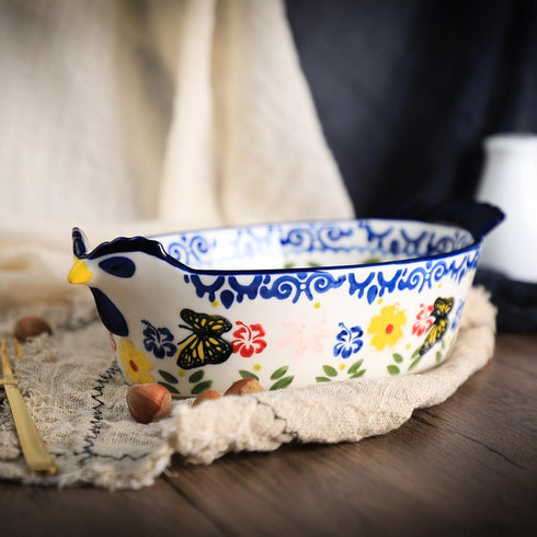 Vintage Chicken Shape Pie Pan, Butterfly and Flower Pattern Ceramic Bakeware Casserole Dish, 25 OZ Baking Pan for Oven