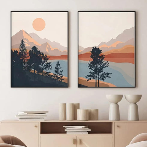 Bankrenart Nature Landscape Wall Art Prints: Mountain Sun Lake Artwork for Living Room Unframed 16x24 Inch