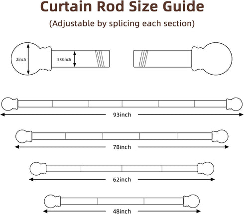 Black 5/8 inch Curtain Rods for Windows 32 to 48, Single Window Curtain Rod Set with Brackets