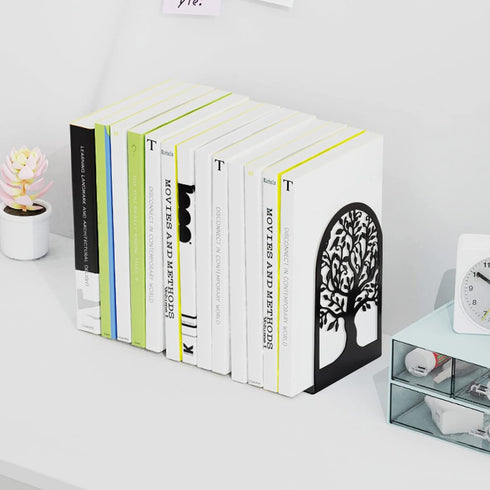 6.5 4.7 3.5 Inch(3 Pairs/6 HappyHapi Book Ends, Metal Bookends for Shelves Decorative, Tree Stopper for Heavy Books