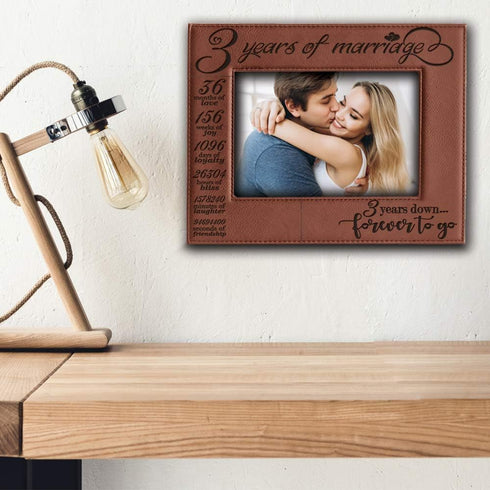BELLA BUSTA Engraved Leather Picture Frame - 3 Years of Marriage - 5 x 7 Horizontal (Rawhide) - 3 Years Down Forever to