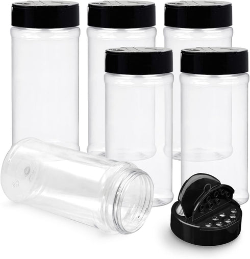 RoyalHouse 6 Pack 16 Oz Plastic Spice Jars, Clear with Black Cap, BPA Free, Made in USA