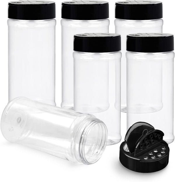 RoyalHouse 6 Pack 16 Oz Plastic Spice Jars, Clear with Black Cap, BPA Free, Made in USA