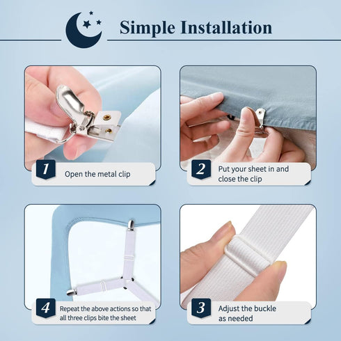 Sopito Adjustable Bed Sheet Straps, 2pcs/White, Max Stretch 29.5 in to 82.7 in, Non-Slip Holder Clips for Beds