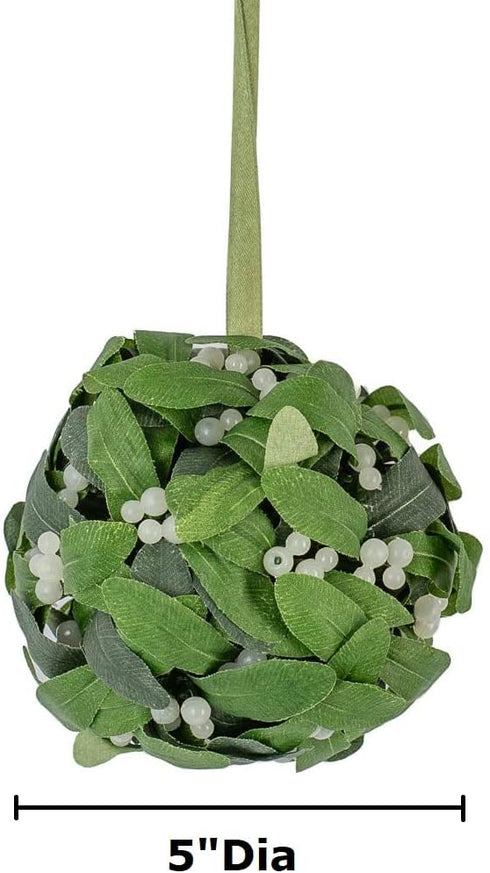 Factory Direct Craft Hanging Mistletoe Ball, Artificial Green Poly Silk Leaves, Multiple White Berries