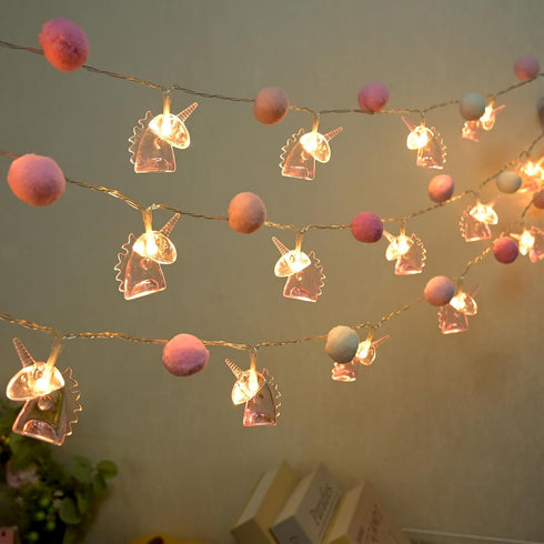 ChiRee 9.85FT 20 20 Room Decor String Lights with Cute PomPoms Pink Unicorn LED Lights Battery Operated with Timer