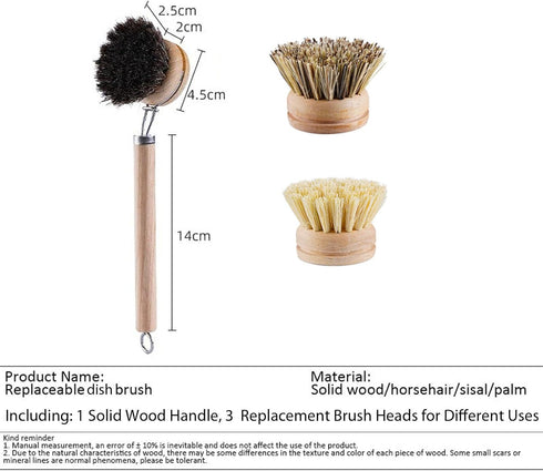 SUPRNN 1 3 Bamboo Dish Brush with Handle, Sturdy Wooden Handle with Natural Bristle Heads, Horsehair, Sisal, Palm - All