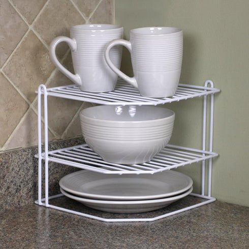 2-Tier 9x9x8.5in Home Basics Corner Rack, White, Vinyl Coated Steel, Rust Resistant, Shelf, Keeps Spices and Cups