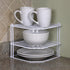 2-Tier 9x9x8.5in Home Basics Corner Rack, White, Vinyl Coated Steel, Rust Resistant, Shelf, Keeps Spices and Cups