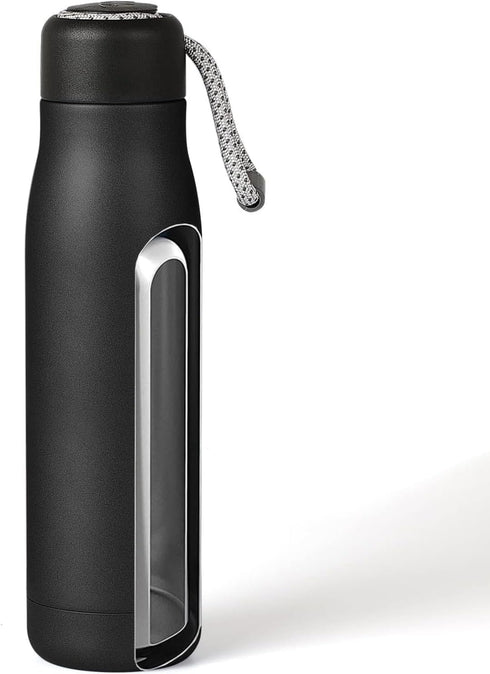 Water Bottle with Portable Lid, Metal Thermos Vacuum Insulated Stainless Steel, Reusable Leak Proof Flask (17oz, Black)
