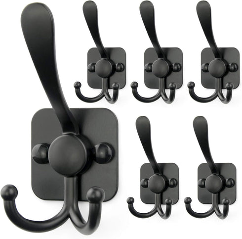 Wall Mount Coat Hooks - Matte Black Heavy Duty Decorative Hooks, 3 Prongs Utility Hook, 6 Pack for Home Organization