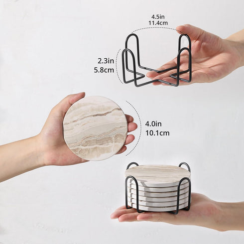 Set 6, LIFVER Coasters of Coasters for Drinks Absorbent Stone with Holder, Black Marble Style Ceramic Drink Coaster