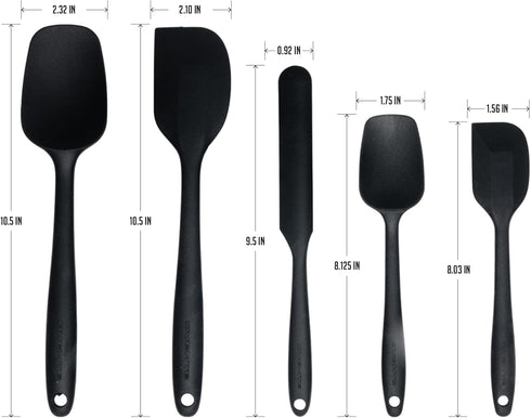 OVENTE Set of 5 Silicone Spatulas, Heat Resistant Food Grade Rubber with Stainless Steel Core, Black