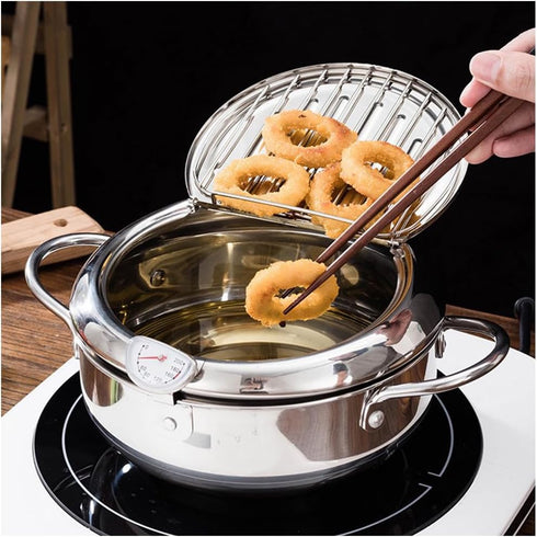 Deep Fryer Pot, 304 Stainless Steel with Temperature Control, Lid, and Oil Drip Drainer Rack, 9.4 Inch