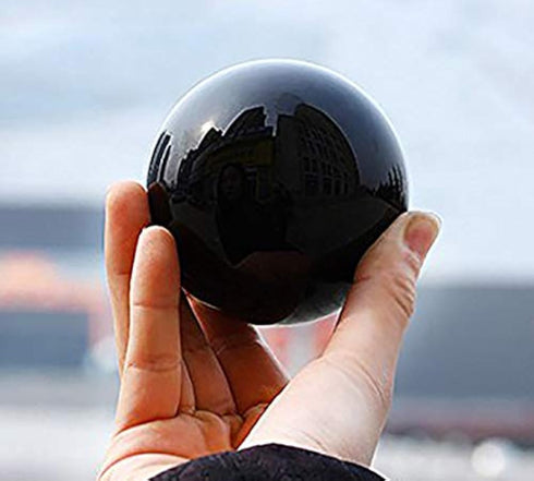 JIC Gem Small Black Obsidian Sphere Ball with Wooden Stand for Fengshui Healing Crystal Decoration (2.2", 55mm)