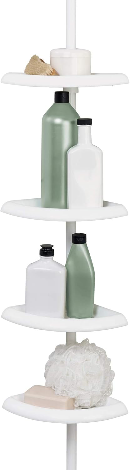 Zenna Home Tension Pole Shower Caddy, 4 Shelves, Adjustable 60 to 97 Inch, in White