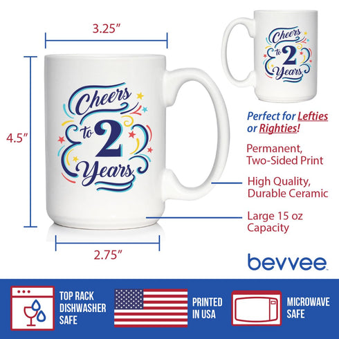 Cheers to 2 Years Coffee Mug Gift, 15oz White Ceramic Mug for Women & Men, 2nd Anniversary Party Decor