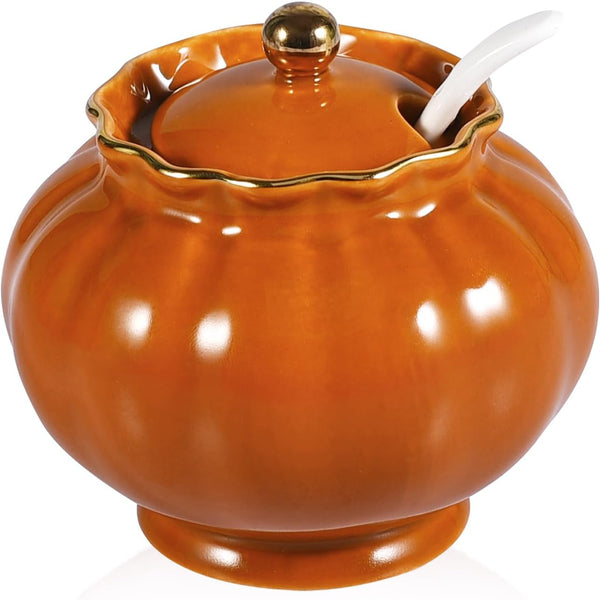 Ceramic Covered Salt Bowl, Sugar Container with Lid and Spoon for Home Kitchen Coffee Bar, 9 OZ, Orange