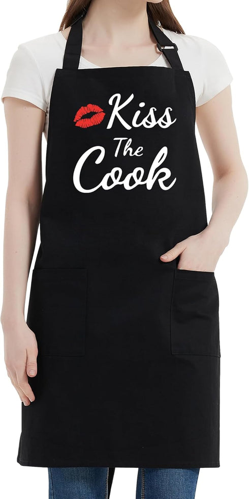 Funny Aprons for Women Men - Kiss the Cook Apron, Funny Chef Cooking BBQ Grill Aprons with 2 Pockets, Gift for Mom, Dad
