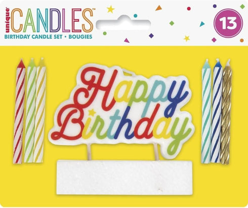 Vibrant Multi-Colored Birthday Candle Set with Large "Happy Birthday" Pick, Pack of 13