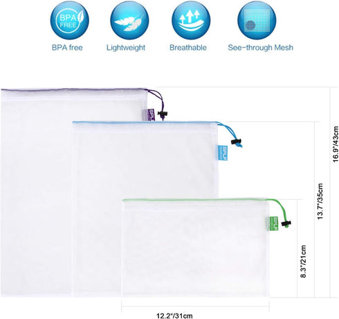 SPLF 12 Pcs Heavy Duty Reusable Mesh Produce Bags, See Through Food Safe Bags with Drawstring