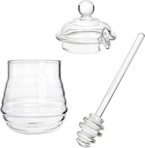 Lawei Glass Honey Jar with Dipper and Lid, 10 OZ Heat-Resistant Honey Pot, Clear Glass Container for Honey and Syrup