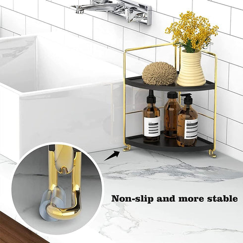 Kitchen Spice Rack Standing Shelf, 2-Tier Corner Storage Shelf, Bathroom Countertop Organizer, Gold & Black
