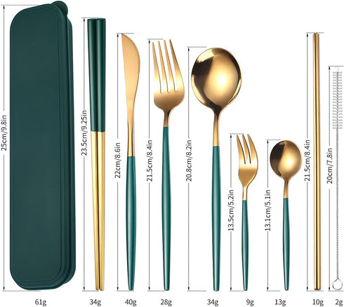 AARAINBOW 8 Pieces Stainless Steel Flatware Set, Portable Reusable Travel Utensils Including Knife, Fork, Spoon, Straws