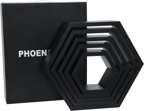 PHOENANCEE Hexagon Floating Shelves, Set of 5 Wall Mounted Wood Honeycomb Storage for Home Room Decor