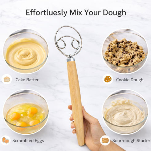 13 Inch 304 Danish Dough Whisk for Sourdough Bread Bread Whisk with Wooden Handle Stainless Steel Hook for Heavy Dough