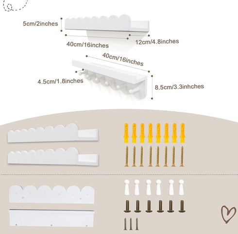 icnjdMopclean Set 3, 16 Inch Wall Book Shelves for Bedroom Kids with Hooks - Scalloped Shelves for Nursery of Nursery