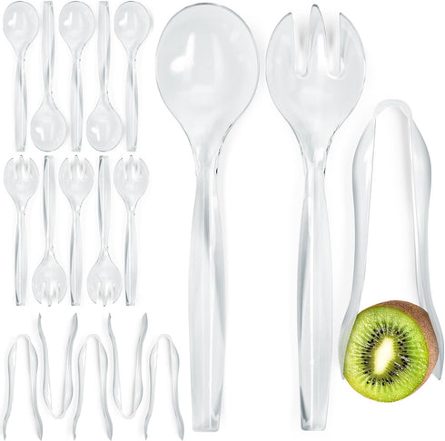 Disposable Plastic Serving Utensils, Set of 18 Clear Buffet Utensils, 6 Each of 6" Tongs, 10” Spoons, 10” Forks
